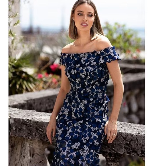 XSCAPE Off-the-Shoulder Embroidered Floral Lace Gown - Picture 7 of 17